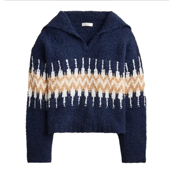 J.CREW Fair Isle Johnny Collar Sweater In Bouclé Yarn Navy Women’s Sz L NWT - Picture 1 of 7